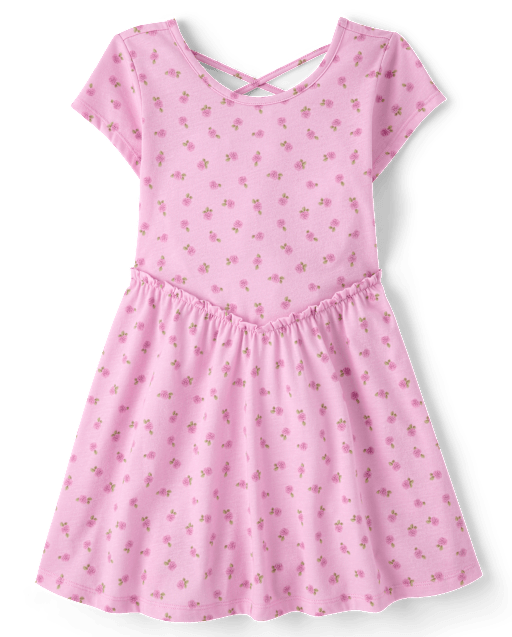 Girls Floral Cross Back Ruffle V-Waist Dress