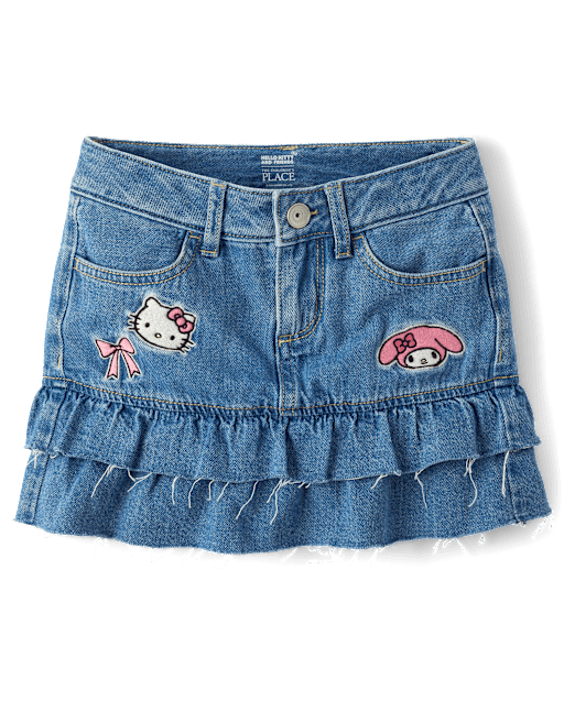 Jupe-short en jean à volants brodée Hello Kitty® et ses amis pour filles