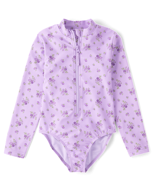 Girls Floral Half Zip Rashguard One Piece Swimsuit
