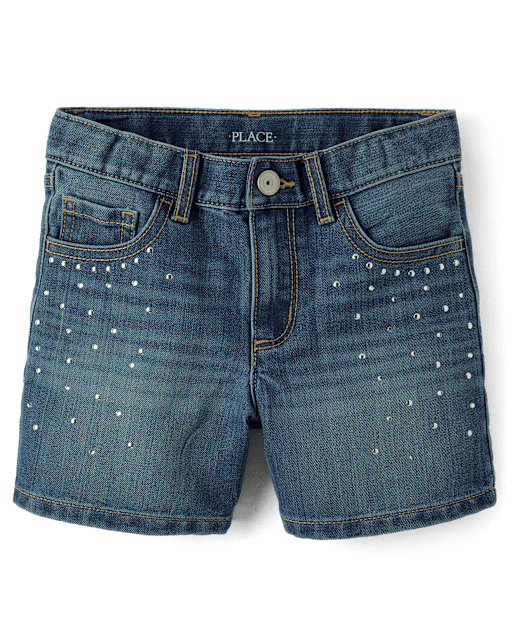 Girls Rhinestone Studded Midi Jean Shorts