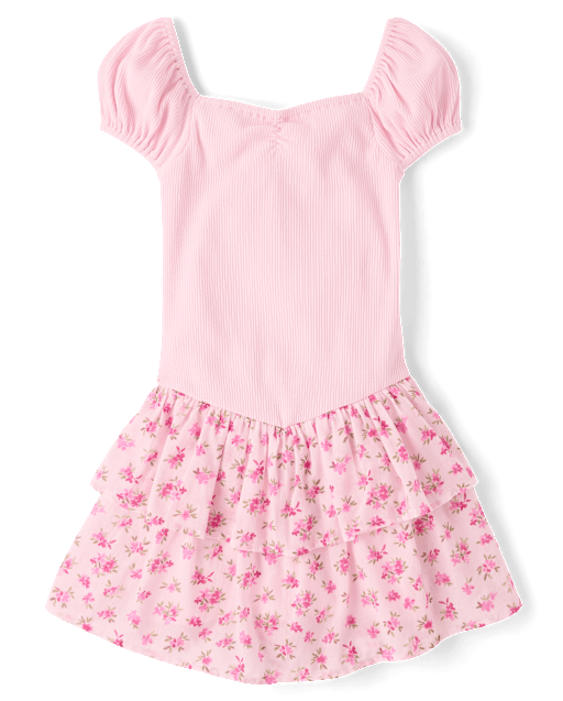 Girls Floral Tiered V-Waist Dress