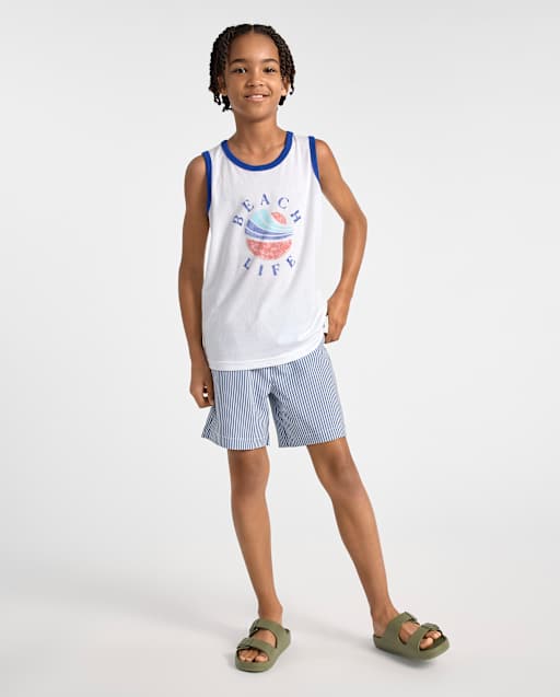 Boys Striped Seersucker Swim Trunks