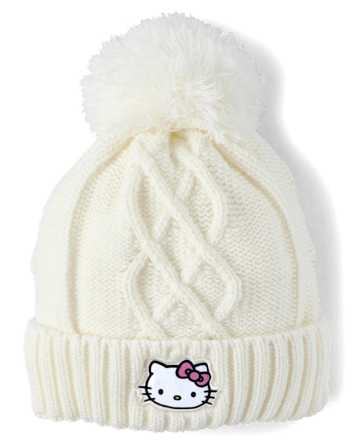 Girls Hello KittyÂ® Cable Knit Pom Pom Beanie