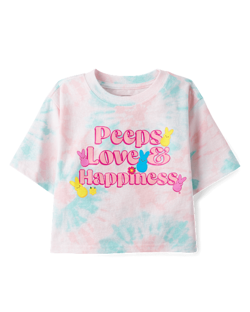Girls Peeps® Easter Tie Dye Love & Happiness  Oversized Cropped Graphic Tee