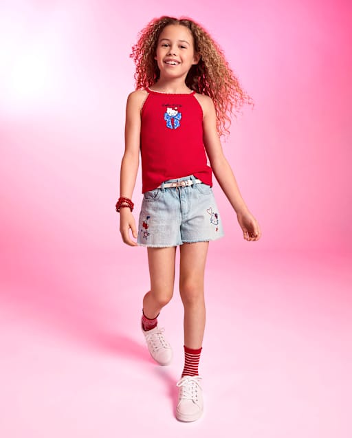 Girls Hello Kitty® Embroidered Icon Shortie Jean Shorts