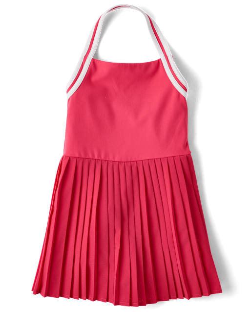 Girls Quick Dry Contrast Halter Pleated Tennis Dress