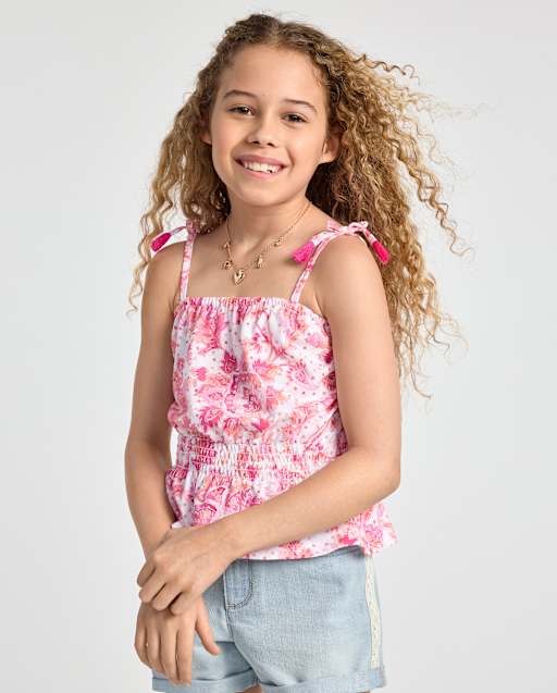 Girls Paisley Tassel Bow Shoulder Tank Top