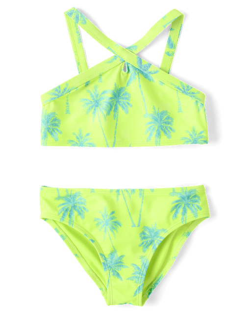 Girls Palm Tree Cross Front Bikini Swimsuit
