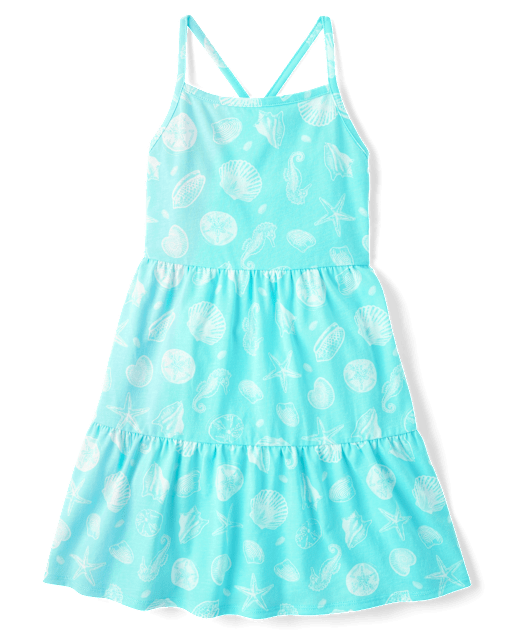 Girls Seashell Cross Back Tiered Dress