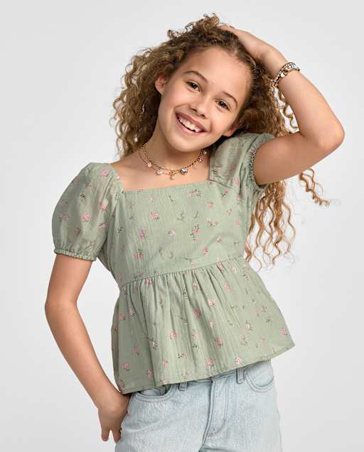 Girls Floral Textured Bow Back Top