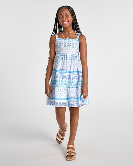 Robe imprimée texturée à nœud sur l'épaule pour fille