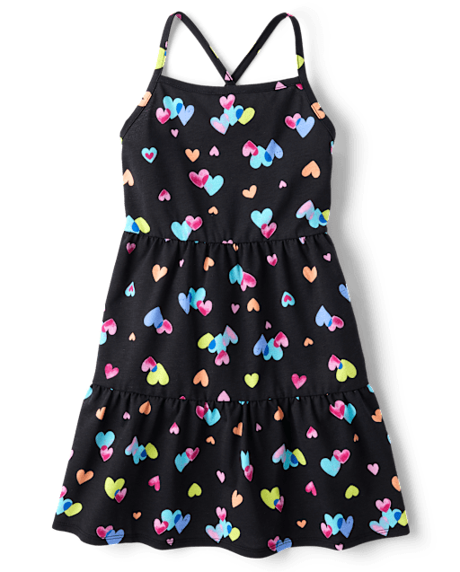 Girls Rainbow Heart Cross Back Tiered Dress