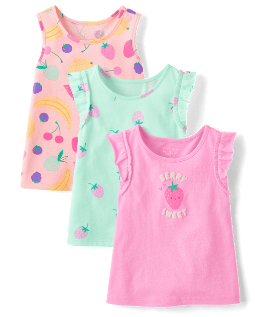 Toddler Girls Puff Print Fruit Ruffle Tank Top 3-Pack