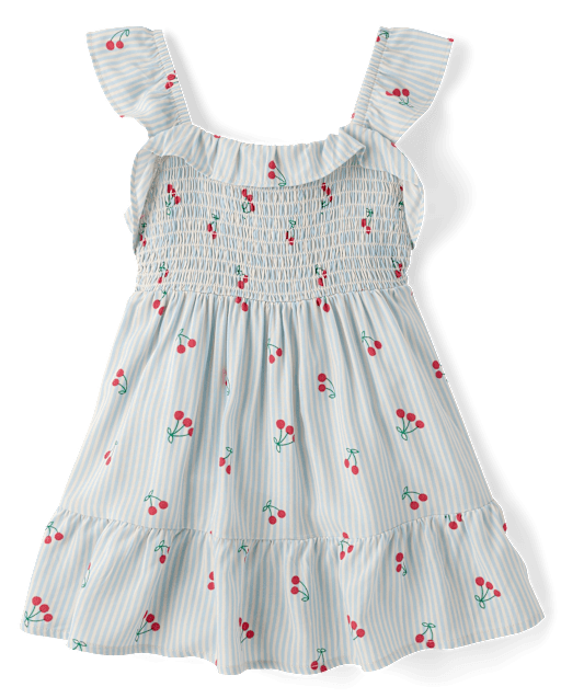 Toddler Girls Striped Cherry Smocked Ruffle Dress