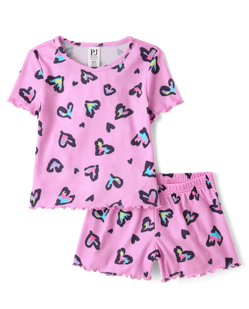 Girls Leopard Heart Lettuce Pajamas