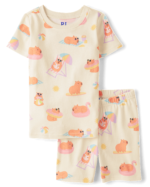 Pyjama d'été pour filles, motif capybara, coupe ajustée, en coton