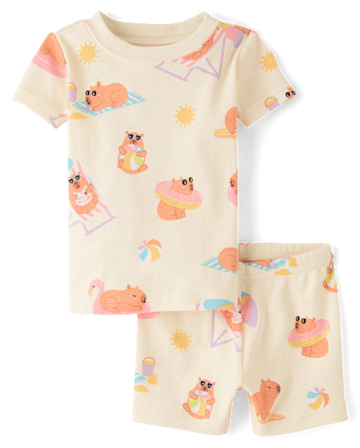 Pyjama d'été en coton ajusté à motif capybara pour bébés et petites filles