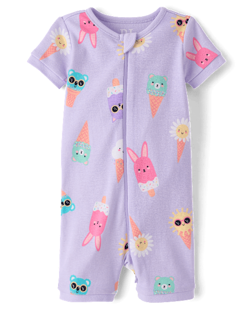 Pyjama une pièce court en coton, coupe ajustée, motif cornet de glace, pour bébés et petites filles