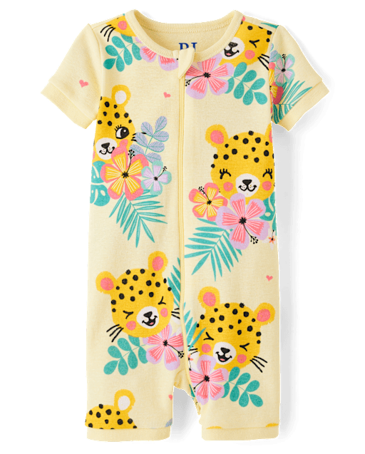 Pyjama une pièce court en coton à imprimé léopard pour bébés et petites filles