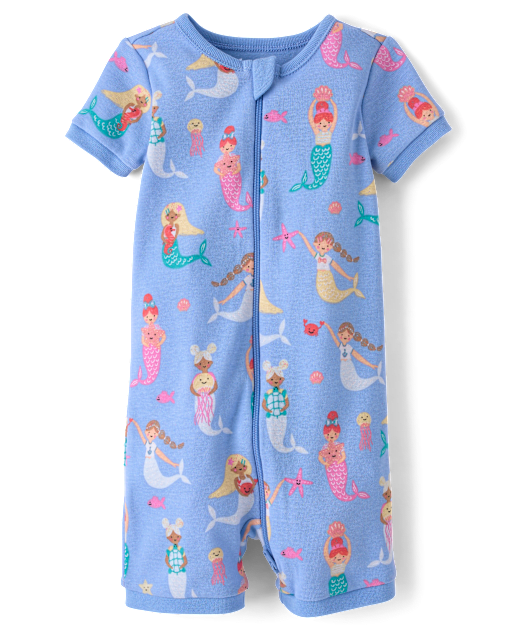 Baby And Toddler Girls Mermaid Snug Fit Cotton Cropped One Piece Pajamas