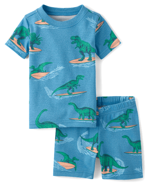 Pyjama en coton ajusté pour bébés et petits garçons, motif dinosaure surfeur