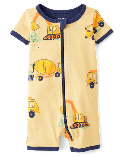 Pyjama une pièce court en coton, coupe ajustée, motif véhicules de chantier, pour bébés et petits garçons