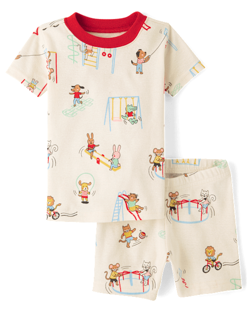 Pyjama en coton à manches courtes pour bébés et jeunes enfants, motif animaux, coupe ajustée.