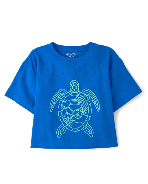 T-shirt graphique court décontracté à motif tortue pour filles