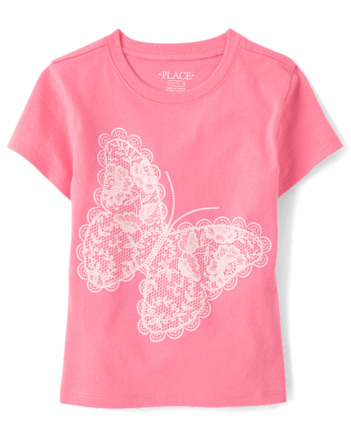 Girls Faux Lace Butterfly Graphic Tee