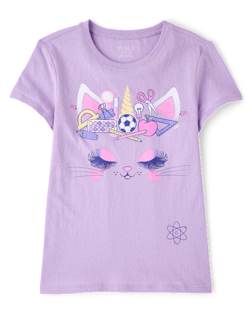 Girls School Cat Face Graphic Tee