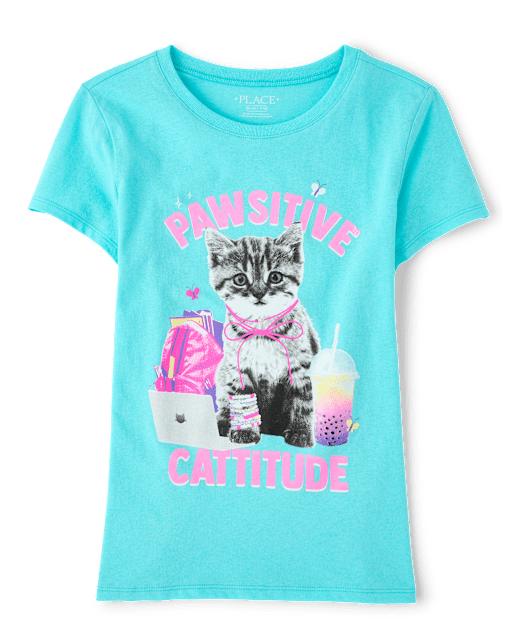 Girls School Pawsitive Cattitude Graphic Tee