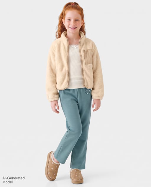 Girls Embellished Premium Fleece Wide Leg Sweatpants