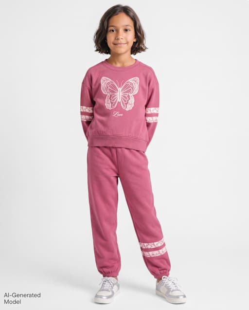 Girls Faux Lace Premium Fleece Baggy Jogger Sweatpants