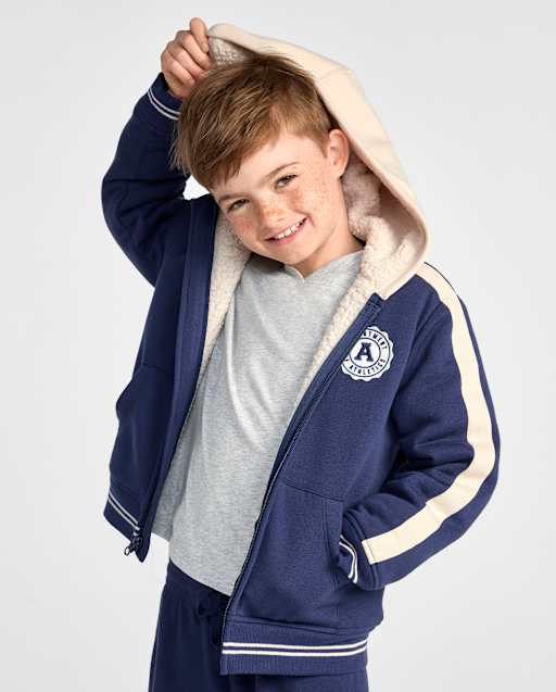 Boys Embroidered Varsity Premium Fleece Sherpa Lined Zip Up Hoodie