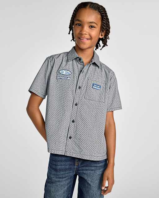Boys Embroidered Mechanic Patch Poplin Button Up Shirt