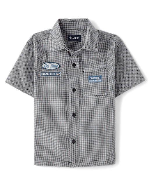 Boys Embroidered Mechanic Patch Poplin Button Up Shirt