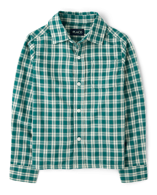 Boys Plaid Textured Poplin Button Up Shirt