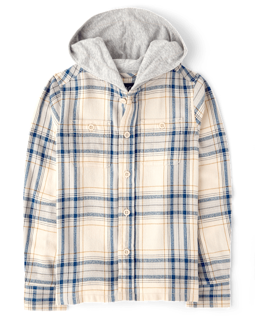 Boys Plaid Flannel Hooded Button Up Shirt