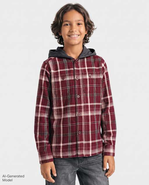 Boys Plaid Flannel Hooded Button Up Shirt