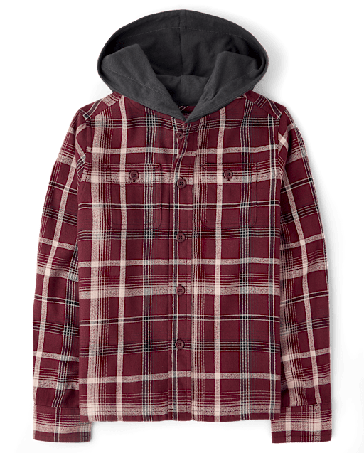 Boys Plaid Flannel Hooded Button Up Shirt