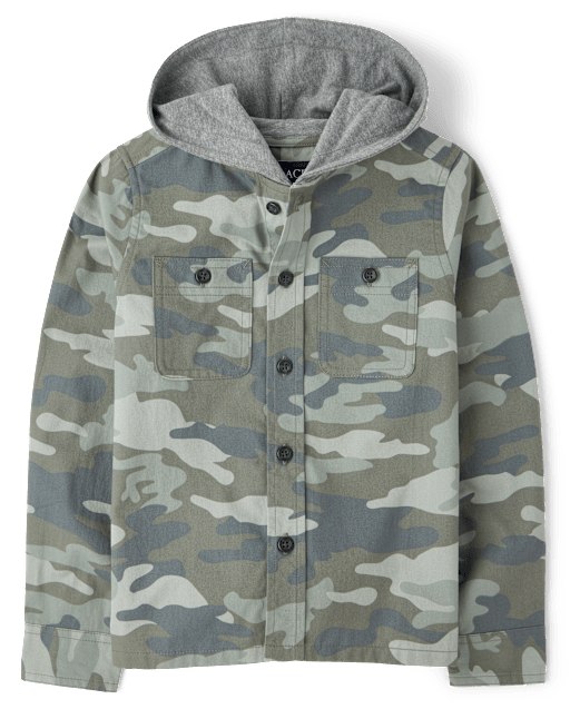 Boys Camo Hooded Button Up Shirt