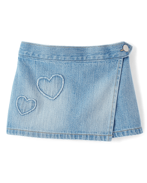 Toddler Girls Embroidered Heart Faux Wrap Denim Skort