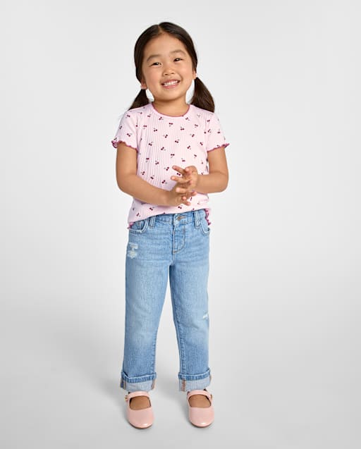Jean droit à revers déchiré pour petites filles, style années 90
