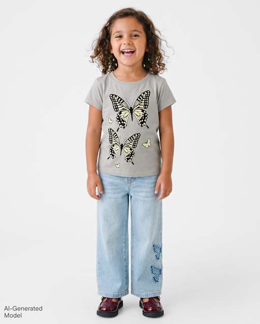 Toddler Girls Applique Butterfly Wide Leg Jeans