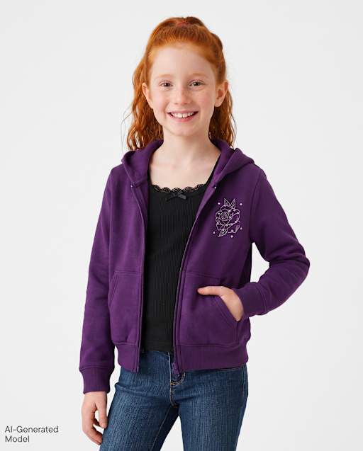 Girls Studded Rose Premium Fleece Zip Up Hoodie
