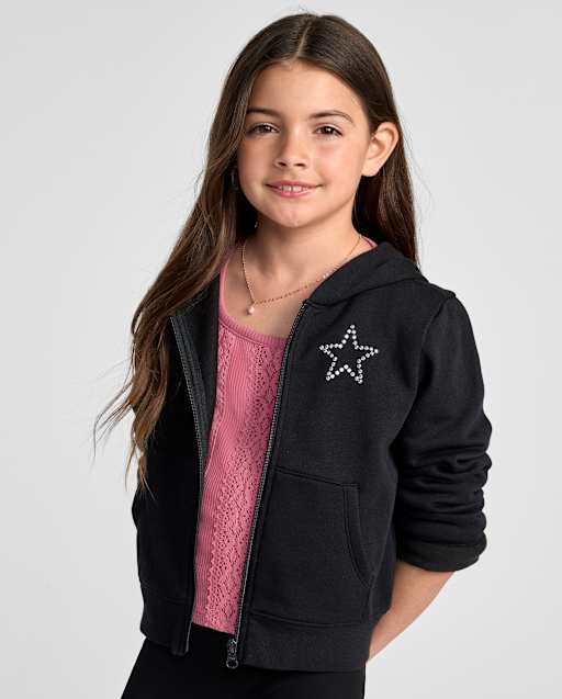 Girls Embellished Premium Fleece Zip Up Hoodie