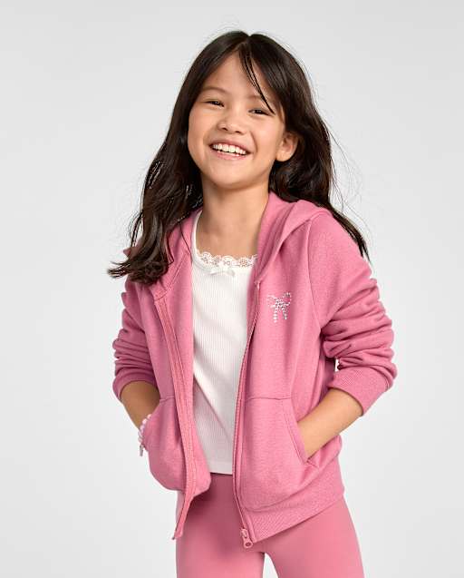 Girls Embellished Premium Fleece Cropped Zip Up Hoodie