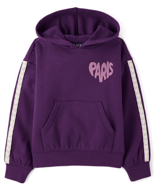 Girls Puff Print Lace Stripe Premium Fleece Hoodie