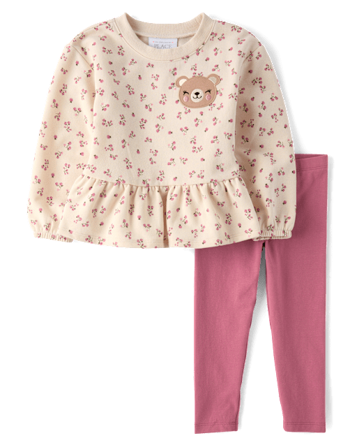 Toddler Girls Embroidered Bear 2-Piece Outfit Set