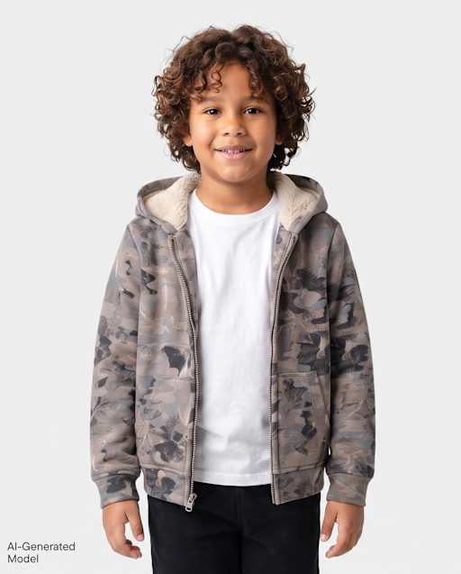 Boys Camo Premium Fleece Sherpa Lined Zip Up Hoodie